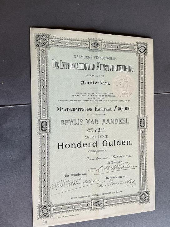 Aandeel Internationale Kunstvereeniging 1885, Postzegels en Munten, Aandelen en Waardepapieren, Aandeel, Voor 1920, Verzenden