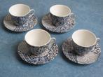 Set van 4 blauw wit bruine kop en schotels patchwork motief, Ophalen of Verzenden