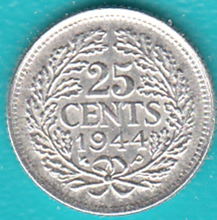 Nederland 25 cent 1944 EP Wilhelmina zilver, Sch. 1057, Zilver, 25 cent, Ophalen of Verzenden, Koningin Wilhelmina