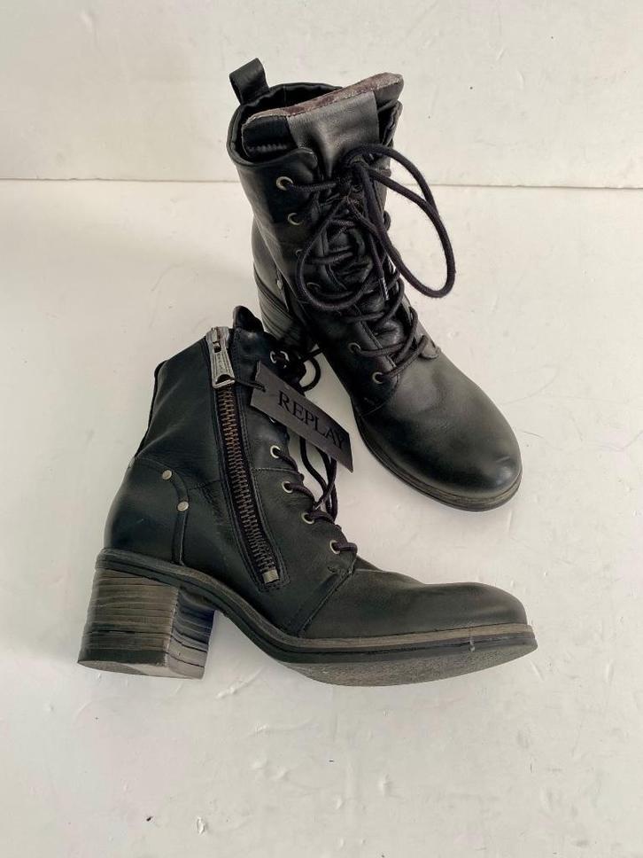 J481 Nieuw: Replay maat 38 boots lage leren laarsjes leer, Kleding | Dames, Schoenen, Nieuw, Zwart, Ophalen of Verzenden