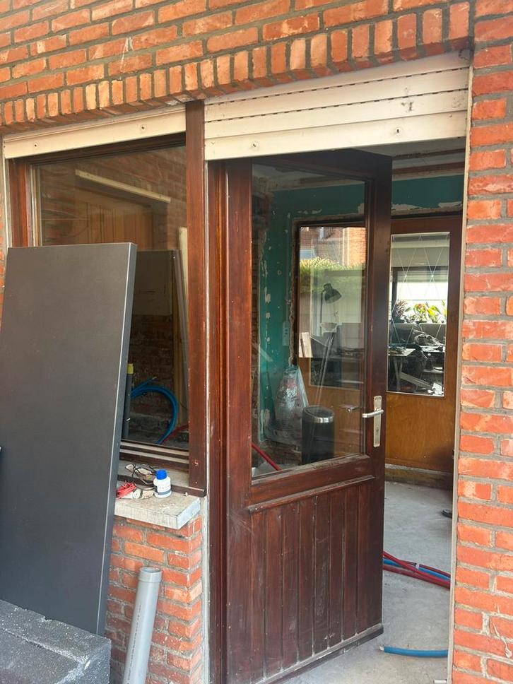 Meranti kozijn met deur en vast raam, Doe-het-zelf en Verbouw, Kozijnen en Schuifpuien, Gebruikt, Deurkozijn, Hout, 225 cm of meer