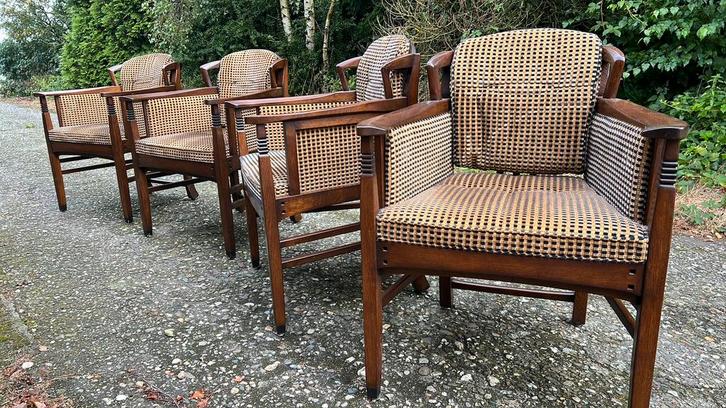 4 Schuitema jugendstil eetkamer armstoelen, Huis en Inrichting, Stoelen, Zo goed als nieuw, Eén, Stof, Bruin, Ophalen