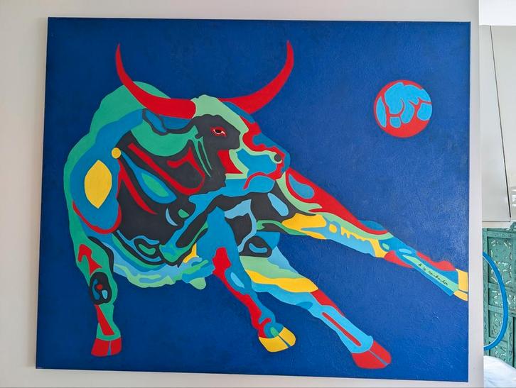 Kleurrijk Stier Schilderij - Abstract & Modern 100x120 cm, Antiek en Kunst, Kunst | Schilderijen | Abstract, Ophalen