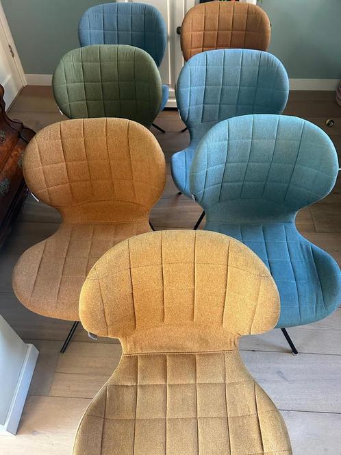 7 OMG zuiver stoelen blauw, groen, camel, Huis en Inrichting, Stoelen, Gebruikt, Stof, Blauw, Ophalen
