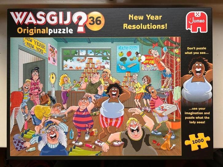 Wasgij Originalpuzzel 36 New Year Resolutions!, Hobby en Vrije tijd, Denksport en Puzzels, Gebruikt, Legpuzzel, 500 t/m 1500 stukjes