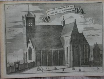 Kerk te Middelburg Mooie grote kopergravure Rond 1700 beschikbaar voor biedingen