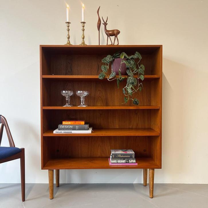 - Vintage boekenkast, Deens, teak -, Huis en Inrichting, Kasten | Boekenkasten, Gebruikt, 100 tot 150 cm, 25 tot 50 cm, Ophalen of Verzenden