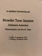 Broeder Janssen 1931 Nuth 2010 Tilburg, Verzamelen, Ophalen of Verzenden, Bidprentje