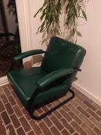 Vintage, 2 leren fauteuils, buisframe,  groen, Huis en Inrichting, Fauteuils, Ophalen, Gebruikt, Retro, 50 tot 75 cm