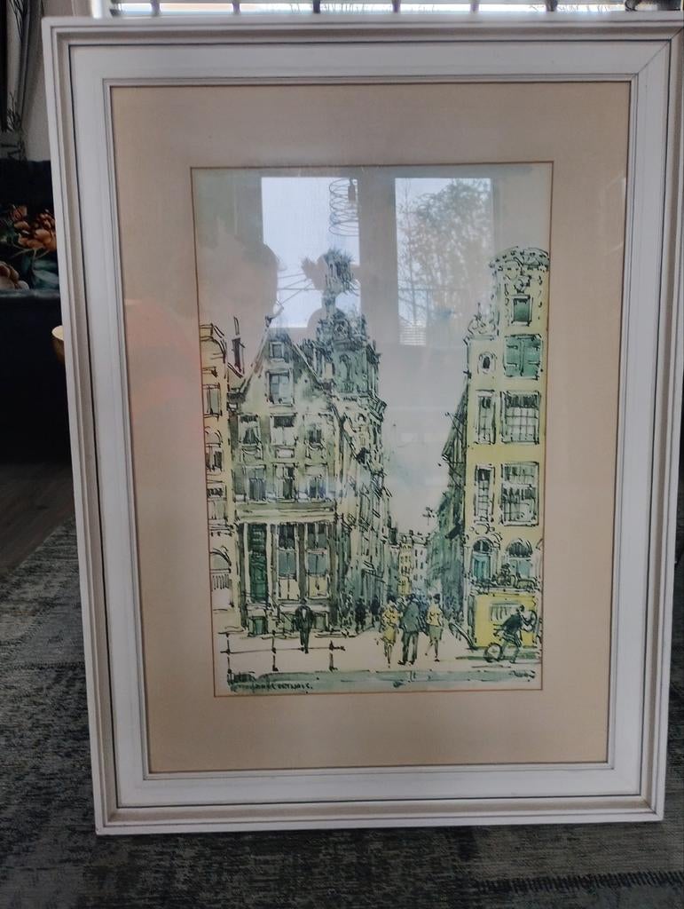 Schilderij Zandstraat met Zuiderkerk in Amsterdam, Antiek en Kunst, Kunst | Schilderijen | Klassiek, Ophalen of Verzenden