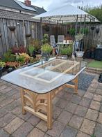 Bamboe tafel met glazen blad, Tuin en Terras, Ophalen, Gebruikt, Eettafel, Rotan