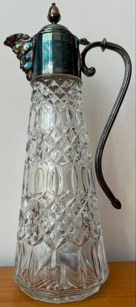 Schenkkan kristalglas claret jug verzilverd beslag Bacchus, Antiek en Kunst, Antiek | Glas en Kristal, Ophalen of Verzenden