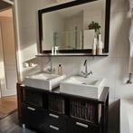 Badkamermeubel met waskommen, kranen, spiegel en plank, Ophalen, Gebruikt, 100 tot 150 cm, Minder dan 100 cm