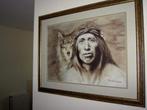 1 ingelijste indiaan met wolf ongeveer 82 / 64 cm, Ophalen