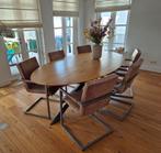 Ovale eettafel, eiken gelakt blank + leren eetkamerstoelen, Ophalen, Gebruikt, 100 tot 150 cm, Eikenhout