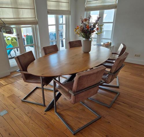 Ovale eettafel, eiken gelakt blank + leren eetkamerstoelen, Huis en Inrichting, Tafels | Eettafels, Gebruikt, 100 tot 150 cm, 200 cm of meer