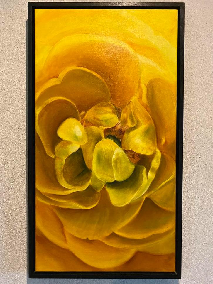 Jolanda Meesters Gele Bloem 65 x 35 olieverf op doek, Antiek en Kunst, Kunst | Schilderijen | Modern, Ophalen of Verzenden