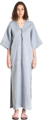 Frenken lange hemelsblauw linnen jurk, kimono stijl, 36/38NL, Zo goed als nieuw, Maat 36 (S), Frenken, Onder de knie