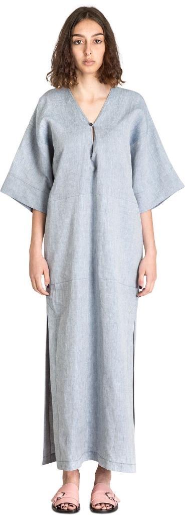 Frenken lange hemelsblauw linnen jurk, kimono stijl, 36/38NL, Kleding | Dames, Jurken, Zo goed als nieuw, Maat 36 (S), Blauw, Onder de knie