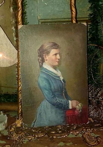 Antiek schilderijtje meisje , olieverf , gedateerd  beschikbaar voor biedingen