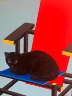 Poes op Rietveld Stoel - Acryl Schilderij 50x60, Antiek en Kunst, Kunst | Schilderijen | Klassiek, Ophalen of Verzenden