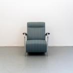 Leolux Scylla blauw/wit gestreept hoge rug + hocker, Huis en Inrichting, Fauteuils, Ophalen of Verzenden, Zo goed als nieuw