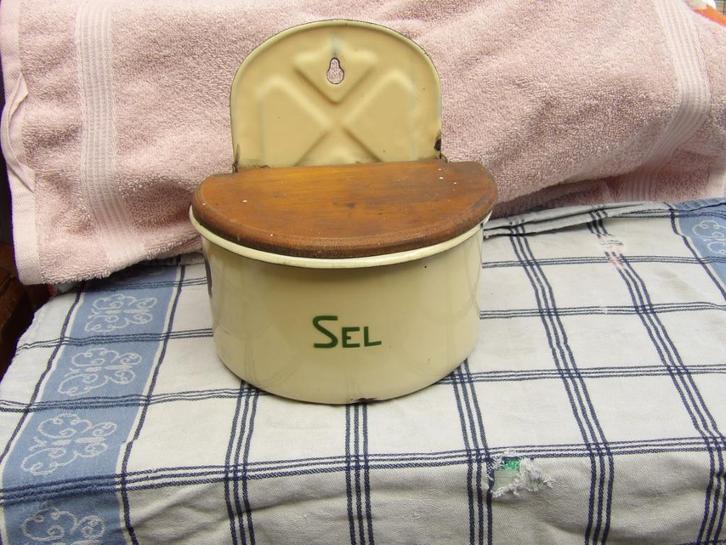 oude emaille zoutbak/ zoutpot Sel email/ keuken voorraadbak, Antiek en Kunst, Antiek | Keukenbenodigdheden, Ophalen of Verzenden