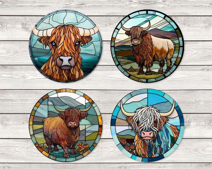 Schotse Hooglander Glas in Lood onderzetters met houder, Huis en Inrichting, Woonaccessoires | Onderzetters, Nieuw, Glas of Kopje