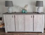 Steigerhouten dressoir met schemerlampen, Huis en Inrichting, Kasten | Dressoirs, Ophalen, Met deur(en), Zo goed als nieuw, 200 cm of meer