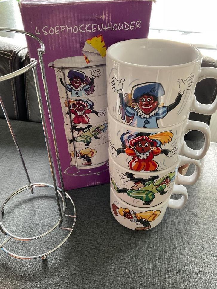 Zwarte Piet 4 SoepMokken met Houder, Diversen, Sinterklaas, Zo goed als nieuw, Ophalen