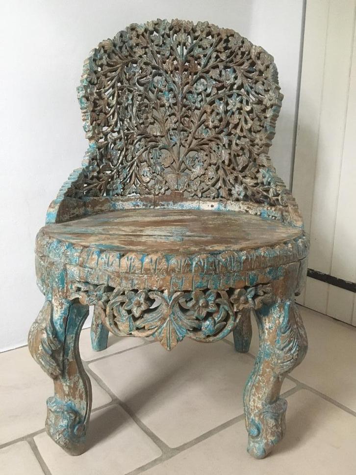 Unieke, antieke anglo-Indisch fijn gestoken stoel, Huis en Inrichting, Stoelen, Eén, Bruin, Ophalen