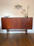 Deense Houten Kast vintage sideboard highboard teak fineer, Ophalen, Gebruikt, 100 tot 150 cm, Teakhout