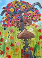 Schilderij fiets met zomerse bloemen, Minder dan 50 cm, Nieuw, Ophalen of Verzenden, Schilderij