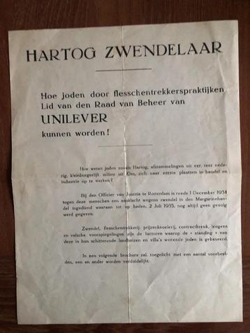 1935 NSB. Vroeg antisemitisme. Aanplakbiljet waarop Hartog beschikbaar voor biedingen