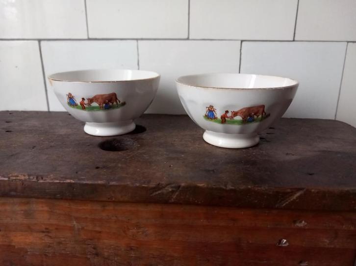 oude Franse kommetjes, antieke spoelkom, boer & boerin facet, Antiek en Kunst, Curiosa en Brocante, Verzenden
