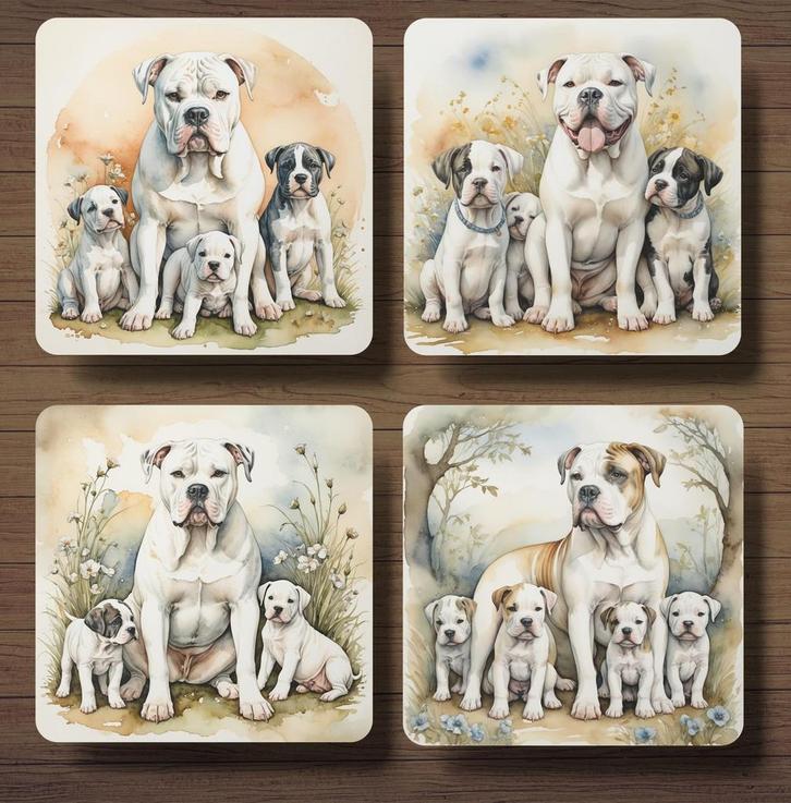 Amerikaanse Bulldog met puppy’s onderzetters met houder, Huis en Inrichting, Woonaccessoires | Onderzetters, Nieuw, Glas of Kopje