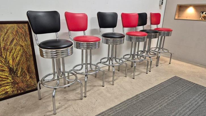 6 x Originele Amerikaanse jaren 50 design barkrukken, Huis en Inrichting, Barkrukken, Gebruikt, 60 tot 90 cm, Leer, Metaal, 2 krukken