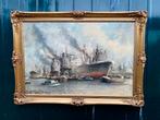 Rotterdams Havengezicht met zeeschepen en graan elevators!, Antiek en Kunst, Kunst | Schilderijen | Klassiek, Ophalen
