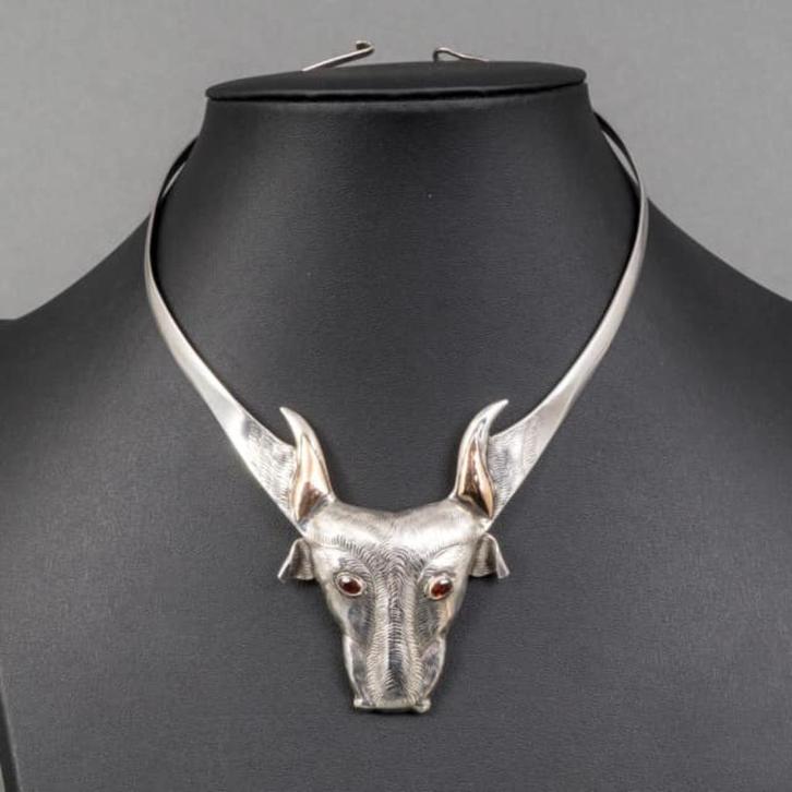 aparte vintage spancollier met stierenhoofd, Antiek en Kunst, Antiek | Goud en Zilver, Zilver, Ophalen of Verzenden