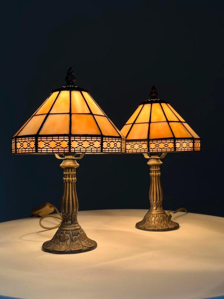 Set van twee Tiffany schemer lampen, Huis en Inrichting, Lampen | Tafellampen, Zo goed als nieuw, Minder dan 50 cm, Glas, Ophalen of Verzenden