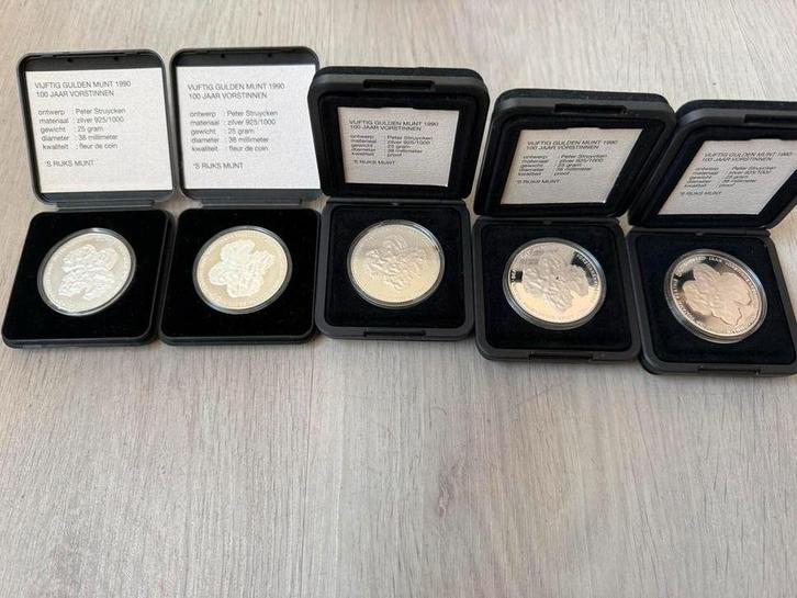 Zilveren 50 gulden munten 1990 – 100 jaar vorstinnen – proof, Postzegels en Munten, Munten | Nederland, 50 gulden, Koningin Beatrix