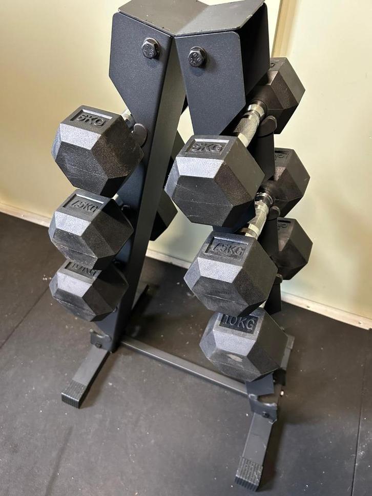 Dumbbell-set + 6-laags toren – complete thuisgym oplossing, Sport en Fitness, Fitnessmaterialen, Zo goed als nieuw, Dumbbell, Armen