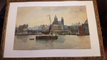 W.A. Knip (1883-1967) aquarel stadsgezicht Amsterdam. beschikbaar voor biedingen