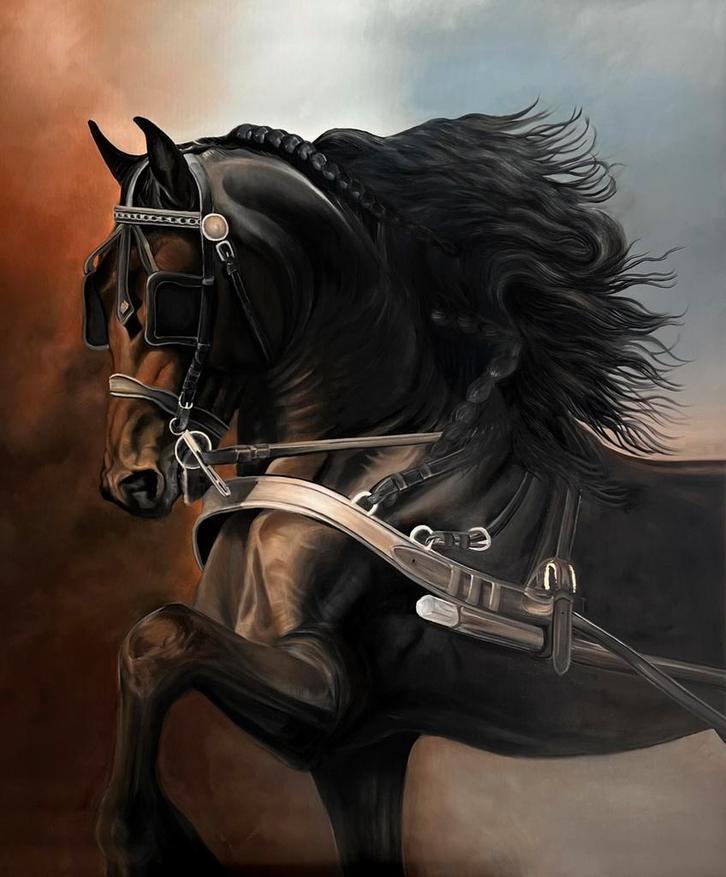 Sint tip ! Fries Paard in Tuig - Olieverf Schilderij 100x120, Antiek en Kunst, Kunst | Schilderijen | Klassiek, Ophalen of Verzenden