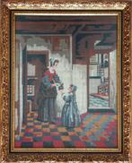 Vintage ca. 1970's borduurwerk vrouw met kind in kelderkamer, Ophalen of Verzenden, Gebruikt, Handborduren, Borduurgaren of Zijde