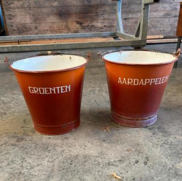 Vintage Emaille Emmer Set - Groenten & Aardappelen beschikbaar voor biedingen