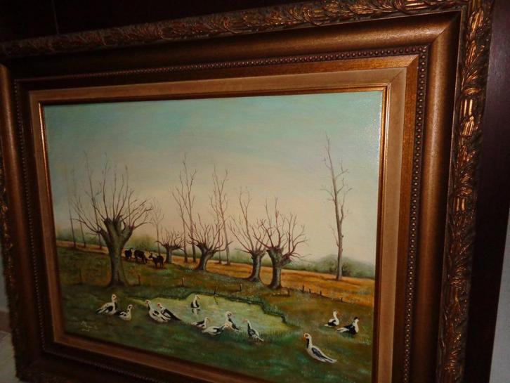 Eenden & Paarden-Prachtig groot gesigneerd antiek schilderij, Antiek en Kunst, Kunst | Schilderijen | Klassiek, Ophalen of Verzenden
