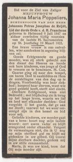 Johanna M. Poppeliers 1847 + 1922 Helmond, 74 jaar, Verzenden, Bidprentje