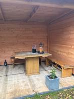 Houten buiten zitje (tafel en 2 banken), Ophalen, Gebruikt, Hout, Tuinset