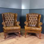 Cognackleurige Chesterfield wingback fauteuil (2x), Ophalen of Verzenden, Zo goed als nieuw, 75 tot 100 cm, Leer